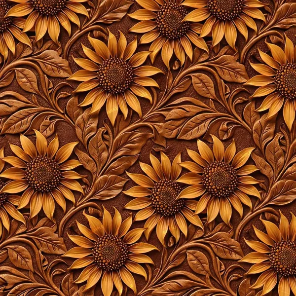 Tooled Leather with Sunflowers features a seamless, richly decorated pattern of embossed sunflowers and leaves in brown and gold tones, creating a textured, repetitive design.