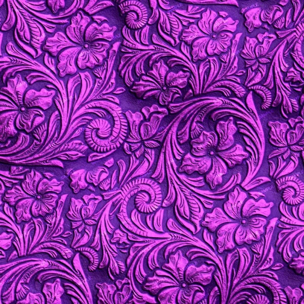 Tooled Leather with Sunflowers (Copy) features an intricate embossed floral pattern with swirling leaves and large sunflowers in purple and pink, detailed textures, and a repeating motif that adds depth.