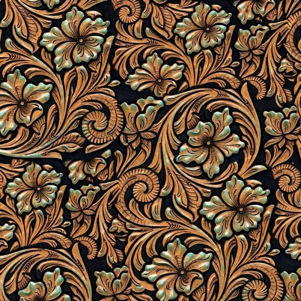 Tooled Leather with Sunflowers features an ornate, embossed floral pattern with brown and gold swirling leaves and flowers accented by teal on a dark background, creating a textured and decorative look.