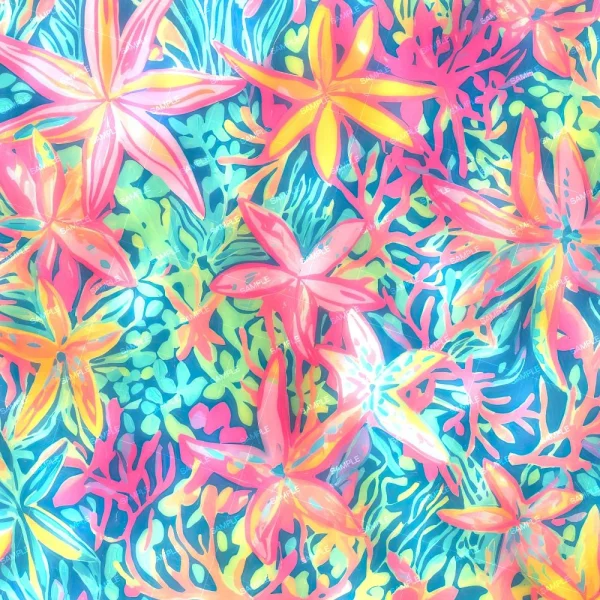 Lilly Starfish Story features a vibrant, abstract pattern of large star-shaped flowers in pink, orange, and yellow atop blue and green leaves with coral-inspired shapes. The design is bright and densely packed.