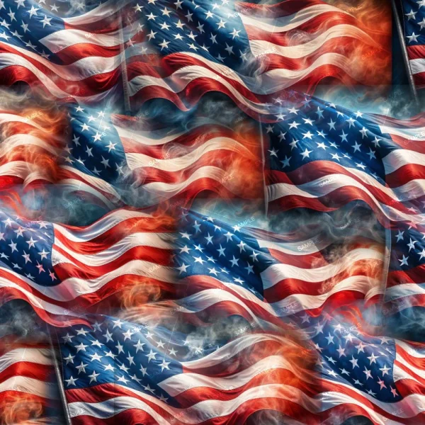 US Flag Rising from the Fire 22 (Copy) features layered, vibrant red, white, and blue US flags with dynamic patterns. Light and smoke effects create striking texture across the image.