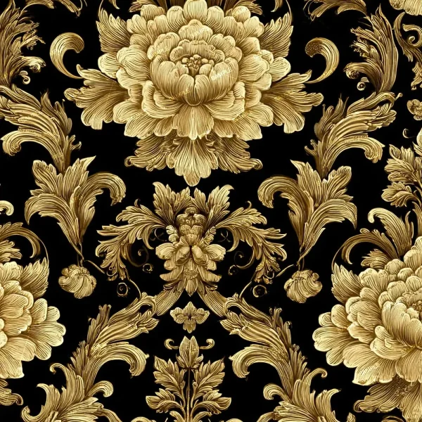 Scrap Gold Jewelry 42 (Copy) features a luxurious gold baroque floral pattern with large, detailed flowers and ornate leaves on a black background, arranged in repeating, symmetrical designs for an intricate appearance.