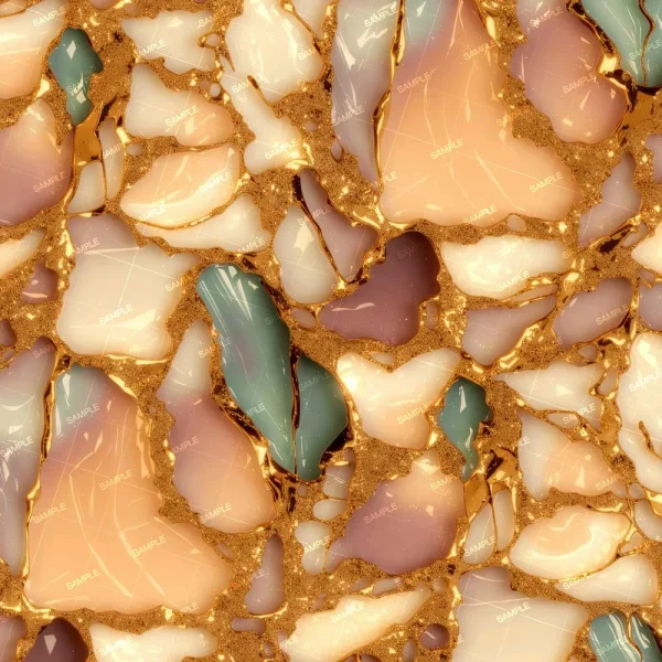A close-up of Scrap Gold Jewelry 42 (Copy) shows a polished surface with irregular pastel shapes—cream, peach, green, and purple—outlined in gold, resembling decorative gemstone or marble patterns.