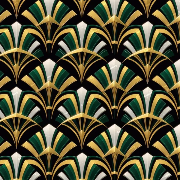Ornamental 24 (Copy) features a seamless Art Deco pattern with symmetrical gold, green, and black geometric shapes. Stylized fan motifs are arranged in a regular grid on a light background, creating an elegant decorative look.
