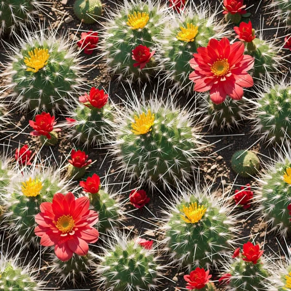 Universal Kush (Copy) features several round green cacti with long white spines, clustered together and topped with vibrant red or yellow flowers, all set against a sandy background.