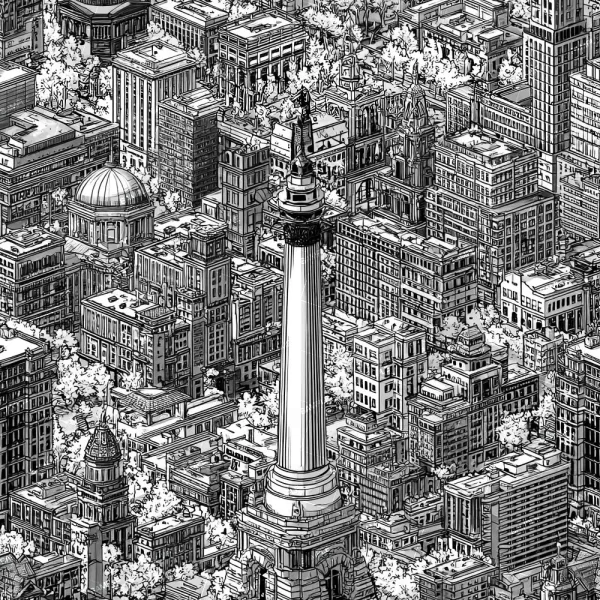 Black and white illustration for "Hit the Slopes (Copy)" shows a cityscape with a central tall monument topped by a statue, surrounded by diverse buildings, trees, and varied architectural styles.