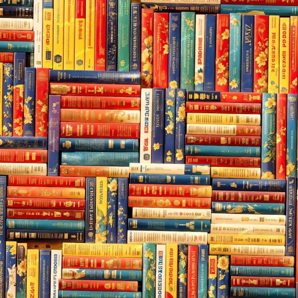 Library Shelves 42 (Copy) features a vibrant selection of colorful hardcover books stacked closely with spines out, showcasing decorative gold accents on red, blue, and yellow covers.