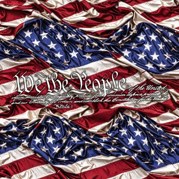 A crumpled American flag fills the frame. Ornate script overlays read, "We the People of the United States," with more Constitution preamble words—featured on Founding Fathers 42 (Copy).