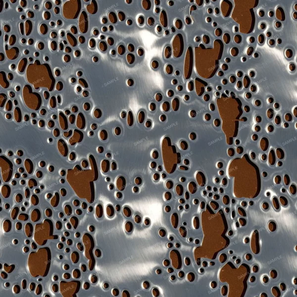 The Aluminum Melting Off Steel features a brushed metal surface with random, irregular holes of various sizes that reveal a brown background in an organic, scattered pattern.