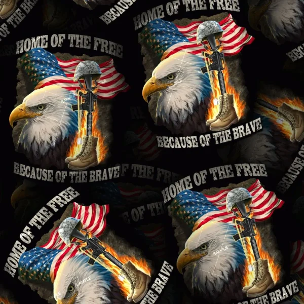 The "We the People Flag 55 (Copy)" features a repeating pattern with a bald eagle, American flag, military helmet on rifle and boots, flames, and bold white phrases: "HOME OF THE FREE" and "BECAUSE OF THE BRAVE.