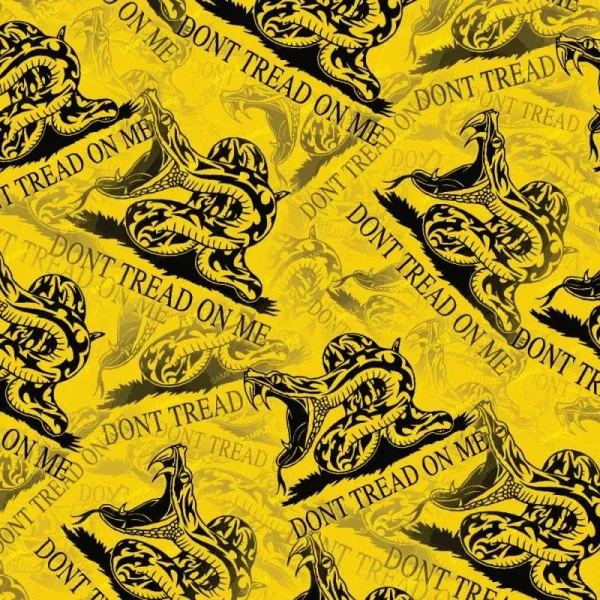 The Dont Tread on Me 45 features a repeating coiled snake and "DON'T TREAD ON ME" in black on yellow, inspired by the historic Gadsden flag design.