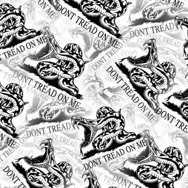 Dont Tread on Me 46 features a repeating pattern of coiled rattlesnakes with open mouths and the phrase "DON'T TREAD ON ME" in assorted sizes and black and gray shades.