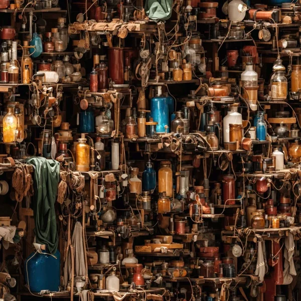Shelves display Art Decco 55 (Copy) glass jars and bottles of various sizes and colors, surrounded by other objects and hanging fabrics, creating a densely packed, eclectic scene.