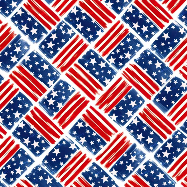 Home of the Free 22 (Copy) features a seamless pattern of stylized American flags with red and white stripes, white stars on blue, arranged diagonally in a repeating, overlapping grid.
