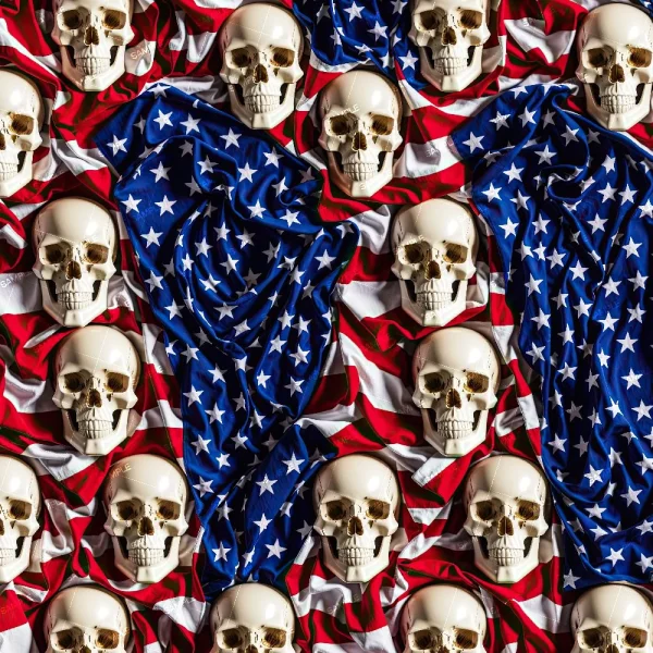 A repeating grid of human skulls atop wrinkled American flags forms the Brush Flags Grid (Copy) design, arranged in rows and columns across the image.