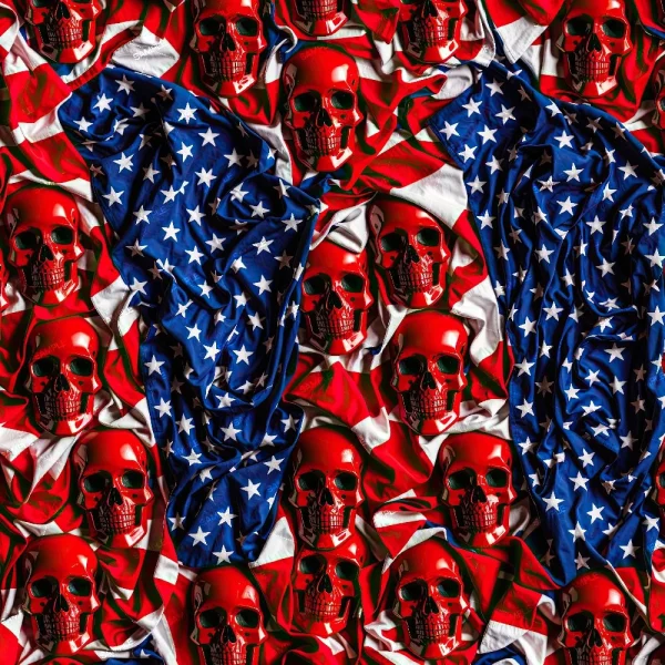 The "American Skull Flag 43 (Copy)" features multiple shiny red skulls arranged over a crumpled American flag, with the stars and stripes visible between the skulls.