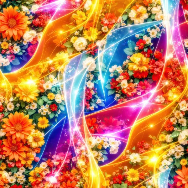 Fire Lillies (Copy): A vibrant digital collage featuring assorted colorful flowers with orange, red, yellow, and white petals, accented by swirling neon light streaks in blue, pink, red, and yellow.