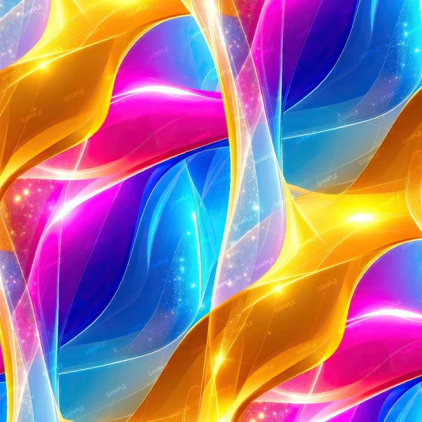 Rip Tear Splash Rainbow (Copy) is an abstract digital artwork with flowing ribbons of yellow, blue, and pink, glowing accents, and star-like specks that evoke vibrant energy and dynamic movement throughout the composition.
