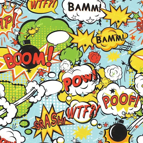 The "Alchemist Laboratory (Copy)" features a vibrant comic-style pattern with phrases like “BAMM!”, “BOOM!”, “POW!”, and more in speech bubbles and explosions, set against a light blue background adorned with stars and dots.