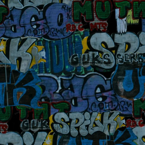 A brick wall showcases overlapping graffiti in bold blue, green, yellow, red, and white letters. Words like "SPICK" and "GUK" stand out against the colorful backdrop. Product: Lilly Starfish Story (Copy).