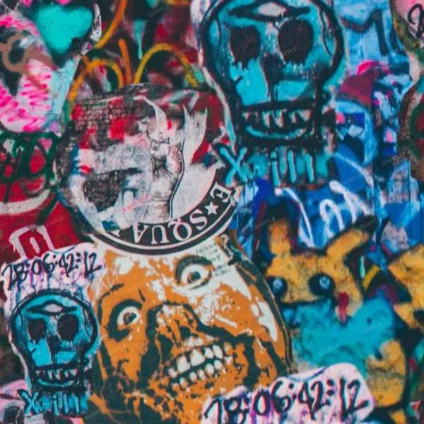 The Brick Wall Graffiti (Copy) features a lively mix of colorful tags, skulls, cartoon faces, text, and layered stickers in blue, orange, pink, and black tones on a crowded wall.