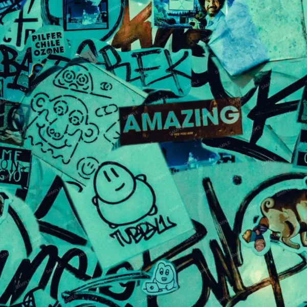 The Brick Wall Graffiti (Copy) features a collage of stickers and graffiti with cartoon faces, "AMAZING" in bold letters, and layered black marker tags on a blue-green background.