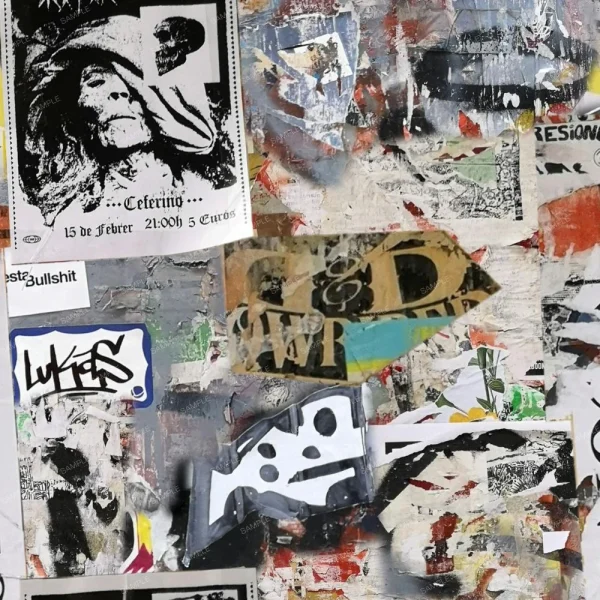 Brick Wall Graffiti (Copy) features layers of torn posters, stickers, graffiti, text fragments, a black-and-white photo of a person, and abstract shapes all overlapping on a wall.