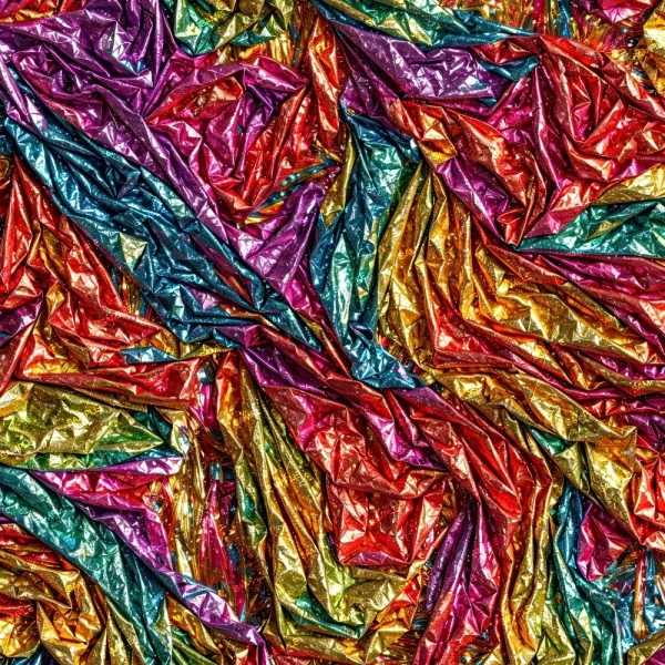 A close-up of Sparkly Color Waves 43 (Copy) shows crumpled, shiny metallic foil in vibrant red, blue, gold, pink, and green hues with light reflecting off its textured surface.