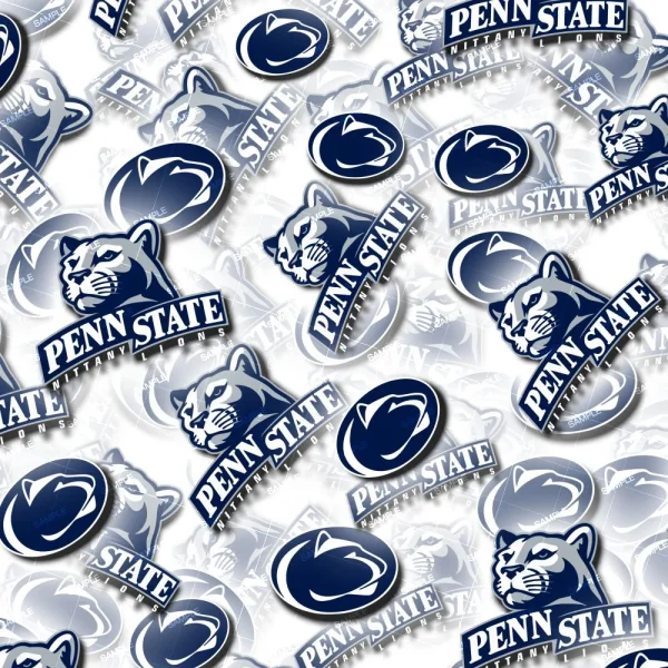 The Penn State Lions 22 (Copy) showcases a pattern with multiple blue, white, and gray Penn State logos—including the Nittany Lion head, Penn State name, and lion shield—set against a white background.