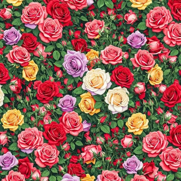 Cosmic Flowers 42 (Copy) features a dense pattern of colorful roses—red, pink, yellow, white, and purple—with green leaves and rosebuds covering the whole image.