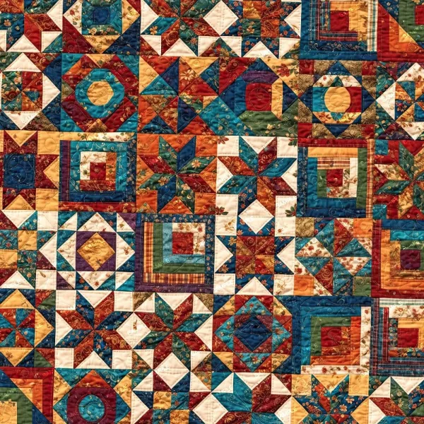 The Crazy Quilt 48 (Copy) showcases a textured, stitched look with geometric patchwork patterns—stars, squares, triangles—in shades of blue, teal, orange, rust, gold, and cream.