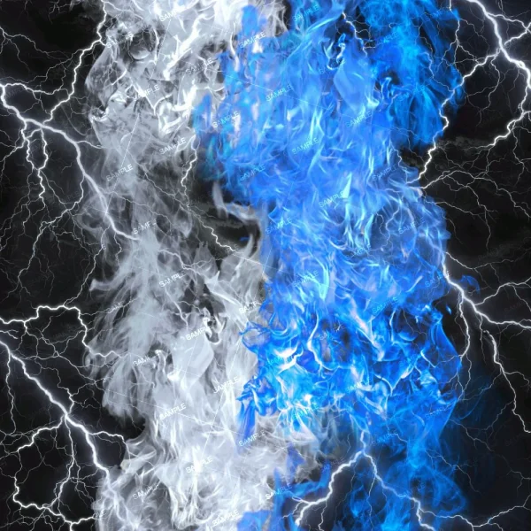 The Major Lightning Storm (Copy) features swirls of white and blue smoke against a dark backdrop, illuminated by vivid white lightning bolts branching around the smoke columns.