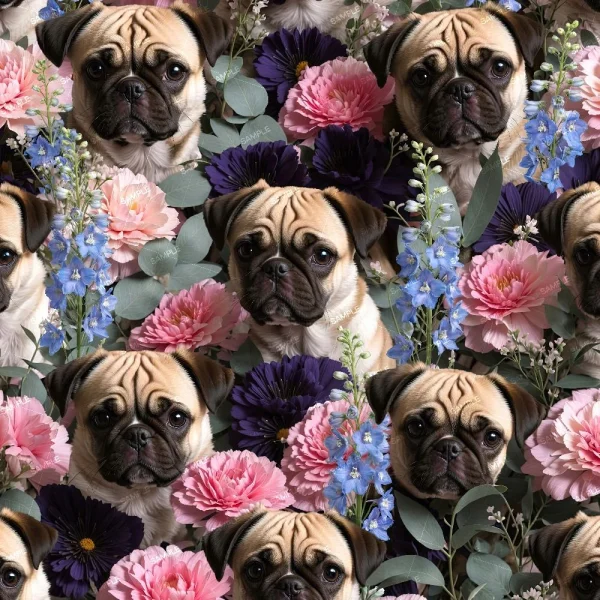 A pattern featuring multiple orange cat faces surrounded by pink, purple, and blue flowers with green leaves. The cats are evenly distributed among the floral arrangement.
