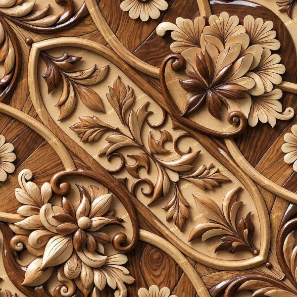The Koa Wood 22 (Copy) features an intricately carved wooden panel with floral and leaf patterns in shades of brown and beige, creating a layered, ornate decorative design.