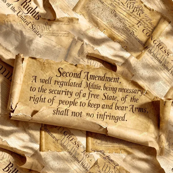 A collage featuring aged parchments, with the Second Amendment text at the center, surrounded by excerpts from the U.S. Constitution and Bill of Rights, as seen in Bill of Rights 45 (Copy).