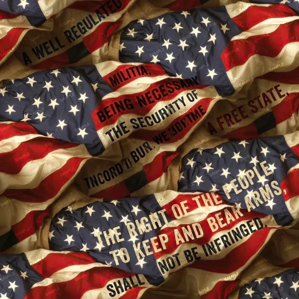 Constitution in Shreds 44 (Copy) features a wrinkled U.S. flag overlaid with Second Amendment text, including 'A well regulated militia' and 'The right of the people to keep and bear arms shall not be infringed.'.