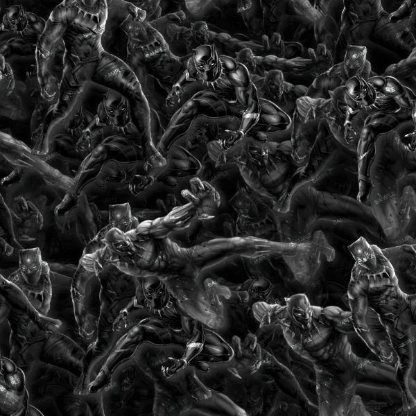 A seamless pattern featuring Black Panther in dynamic poses on a dark, monochrome background, inspired by the Marvel Over the Years (Copy) collection.