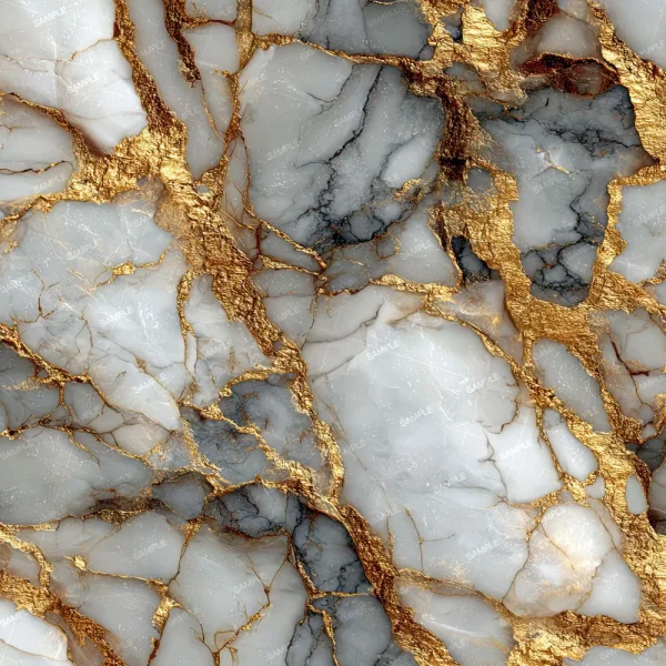 A close-up of Gold Waves 42 (Copy) displays a marble surface with white and gray areas intersected by bold, irregular gold veins that create a striking pattern across the stone.