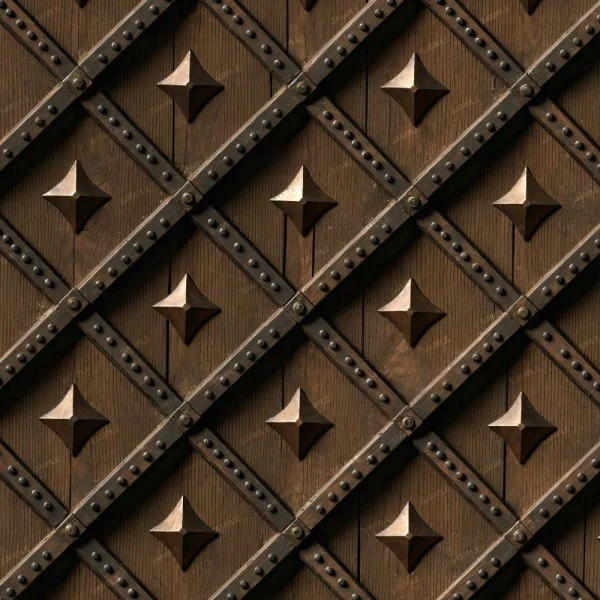 Close-up of Polished Wood Carving 24 (Copy): dark brown, aged wood with a diagonal crisscross pattern, metal studs, and square pyramid accents at each intersection.