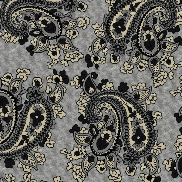 Telecaster Paisley 245 features a seamless pattern of large black and beige paisley motifs with floral accents on a textured gray background, repeating uniformly for a stylish look.