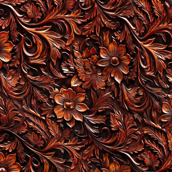 The Verdigris Scroll Leatherwork features a detailed engraving of flowers and leaves in rich brown tones, with intricate patterns and swirling foliage throughout its design.
