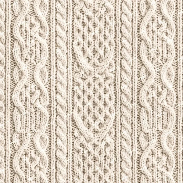 Close-up of the Telecaster Paisley 245 (Copy) highlighting its beige cable knit fabric with intricate braided and diamond patterns in vertical columns. The thick, cozy texture suggests wool or a similar yarn.