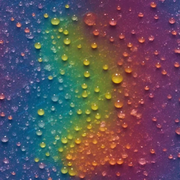 Dew on a Rainbow features water droplets of different sizes scattered on a surface against a rainbow gradient backdrop in blue, green, yellow, orange, pink, and purple hues.