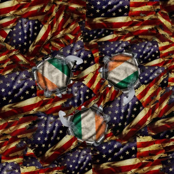 The Irish American Roots Pride Helmet features three circular designs with the Irish flag over a distressed, wrinkled American flag background, adding bold texture and highlighting cultural pride.