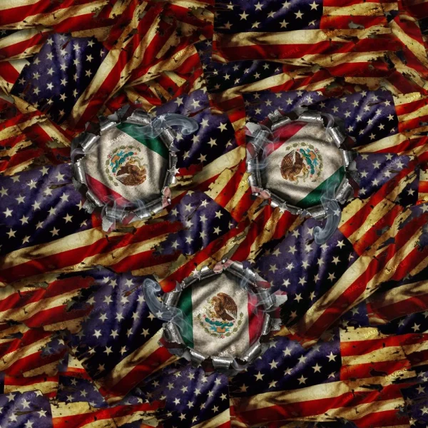 A crumpled American flag forms the background, with three torn holes revealing the Irish flag beneath at various points on the Irish American Roots Pride Helmet (Copy).