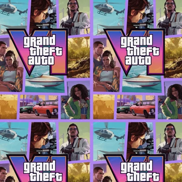 A repeating collage of Battlefield 43 (Copy) cover art featuring the game’s logo, two main characters, a helicopter, a red car, a speedboat, and a woman holding a green purse.