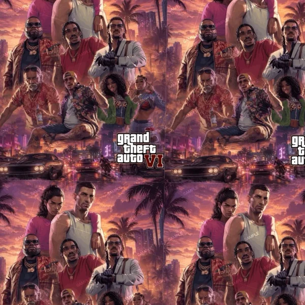 Collage of characters from GTA VI 23 featuring people in diverse outfits, with a cityscape, palm trees, and cars in the background. The GTA VI 23 logo is centered in each quadrant.