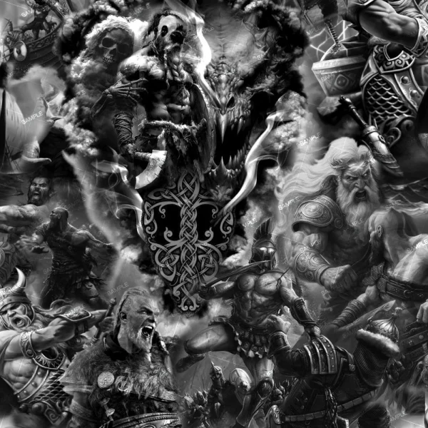 A black and white illustration for GTA VI 23 (Copy) depicts armored, bearded warriors with swords battling amid Norse motifs and a central dragon, all set in a chaotic, smoky scene.