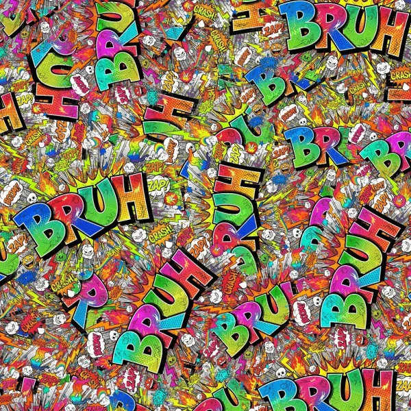 Snap Bamm Boom Pow (Copy) features a vibrant comic book-style pattern with overlapping words like "BRUH," "ZAP!," and "CRASH" amid cartoon bursts, stars, and illustrated faces on a lively, colorful background.