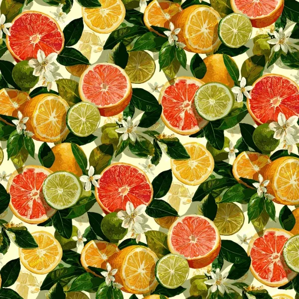 Skittles 22 (Copy) showcases a seamless pattern of grapefruit, lime, lemon, and orange slices with green leaves and white citrus blossoms on a light background.